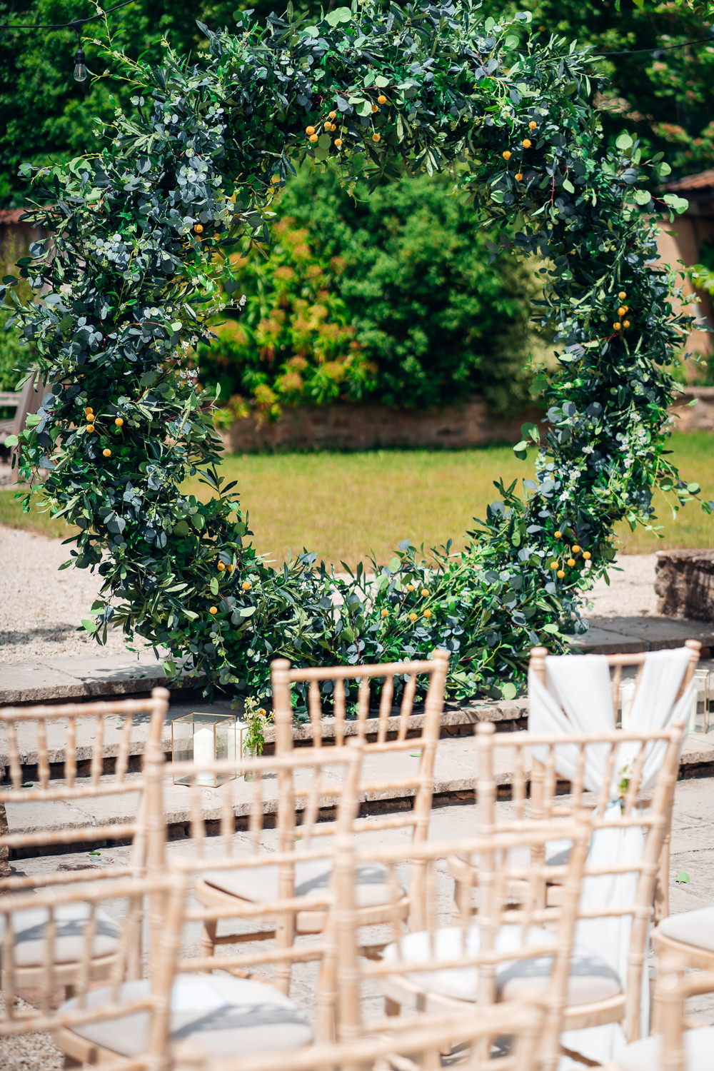 Greenery Hoop Moon Gate Greenery Flower Arch Ceremony Blue Yellow Wedding Ideas EmilyCollettPhotography