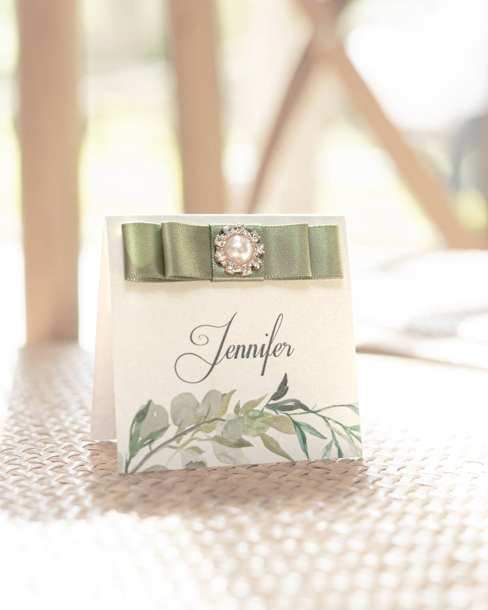 Place Setting Card Green Ribbon Boho Fairytale Wedding With Love Rose Photography
