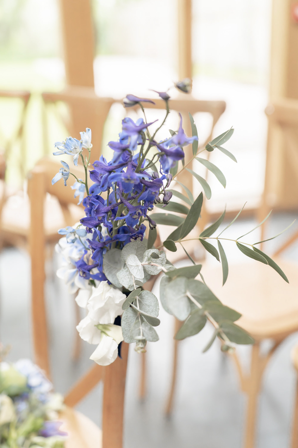 Pew End Aisle Chair Flowers Blue White Boho Fairytale Wedding With Love Rose Photography