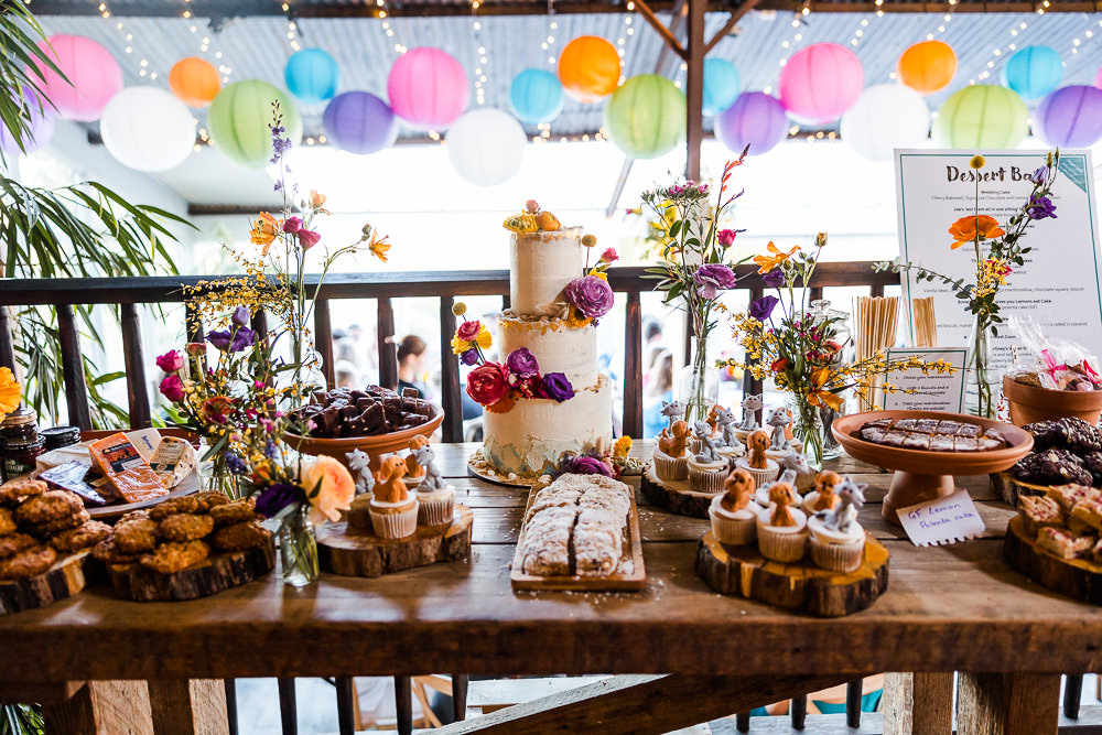 Dessert Table Bakes Cakes Treats Flowers Colourful Wildflower Wedding Eve Dunlop Photography