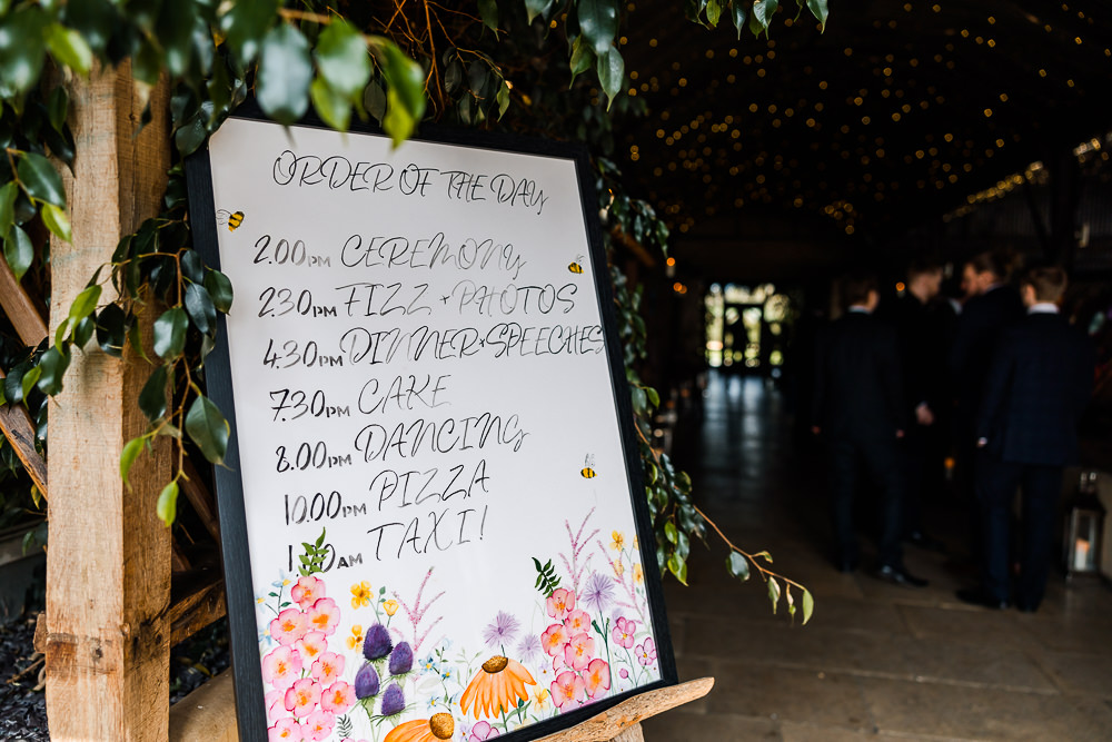 Handwritten Floral Order Of The Day Board Signage Colourful Wildflower Wedding Eve Dunlop Photography
