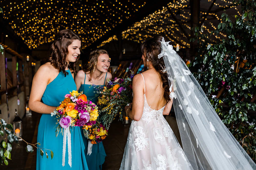 Blue Bridesmaid Dresses Long Bridal Veil Colourful Wildflower Wedding Eve Dunlop Photography