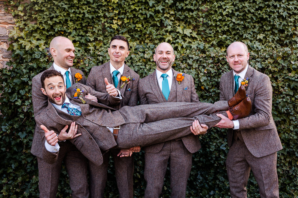Groom Brown Tweed Suit Floral Tie Groomsmen Blue Ties Colourful Wildflower Wedding Eve Dunlop Photography