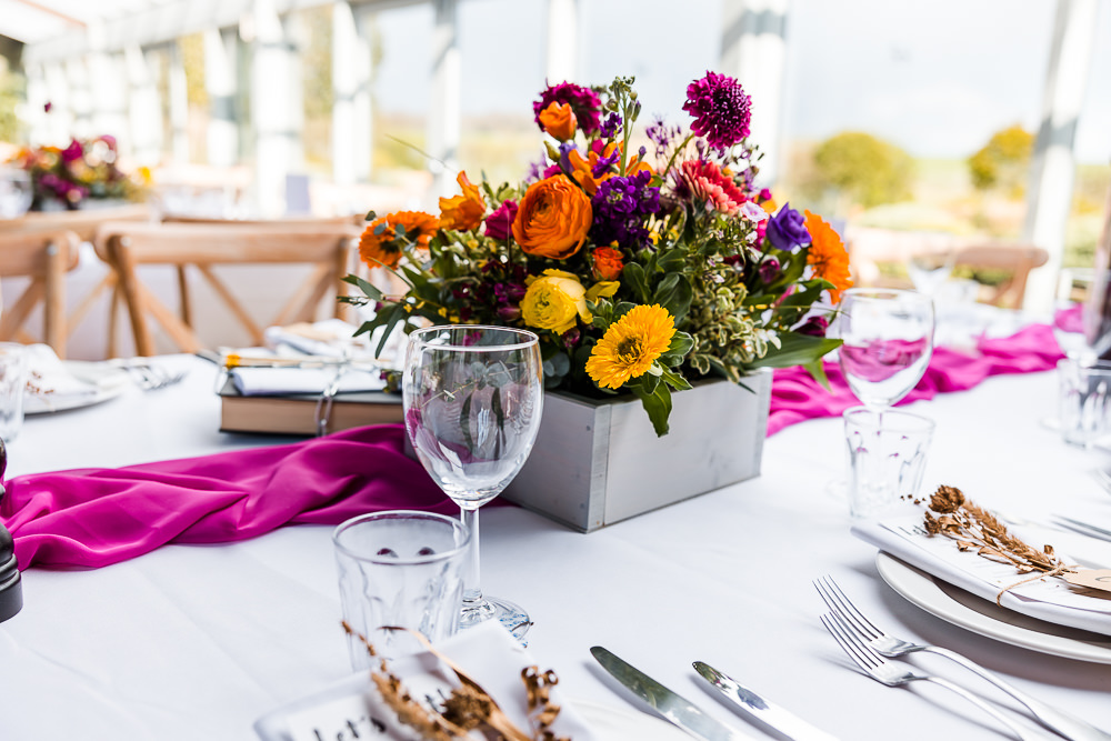 Table Flower Centrepiece Spring Scabiosa Ranunculus Pink Runner Colourful Wildflower Wedding Eve Dunlop Photography