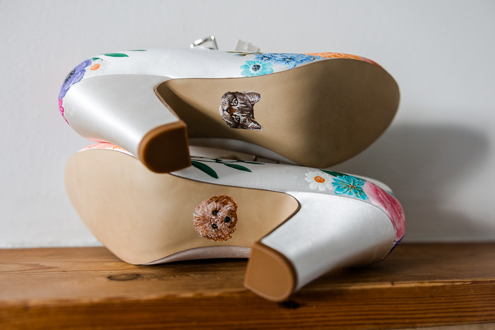 Floral Handpainted Wedding Shoes Pets Cat Dog Colourful Wildflower Wedding Eve Dunlop PhotographyColourful Wildflower Wedding Eve Dunlop Photography