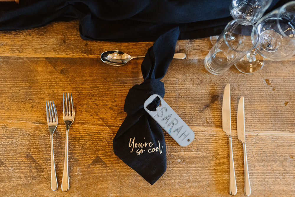 Custom Napkin Black Gold Place Setting Bottle Opener Favour Cumbria Barn Wedding Maytree Photography