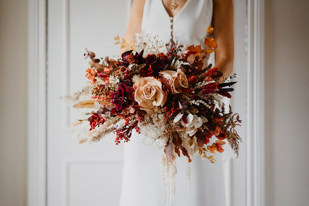 Bouquet Flowers Bride Bridal Dried Red Blush Rose Foliage Autumn Cumbria Barn Wedding Maytree Photography