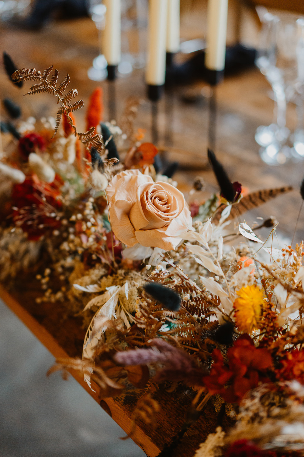 Dried Flower Top Table Decor Centrepiece Cumbria Barn Wedding Maytree Photography