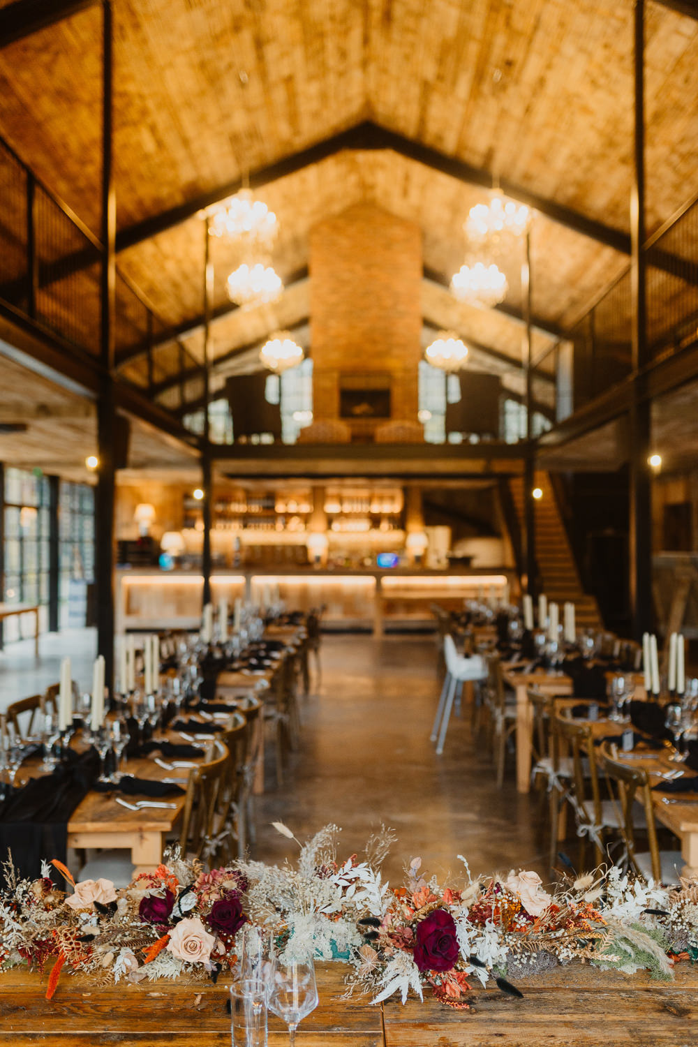 Long Wooden Tables Black Gold Decor Cumbria Barn Wedding Maytree Photography
