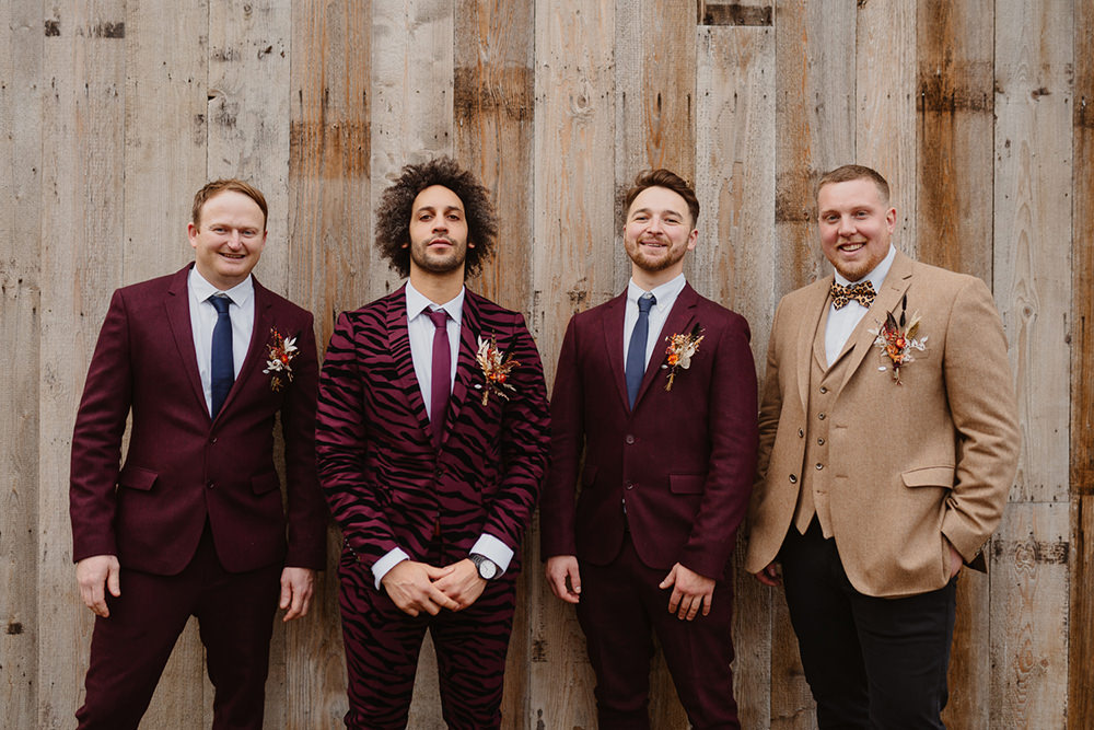 Groom Burgundy Red Suit Groomsmen Cumbria Barn Wedding Maytree Photography