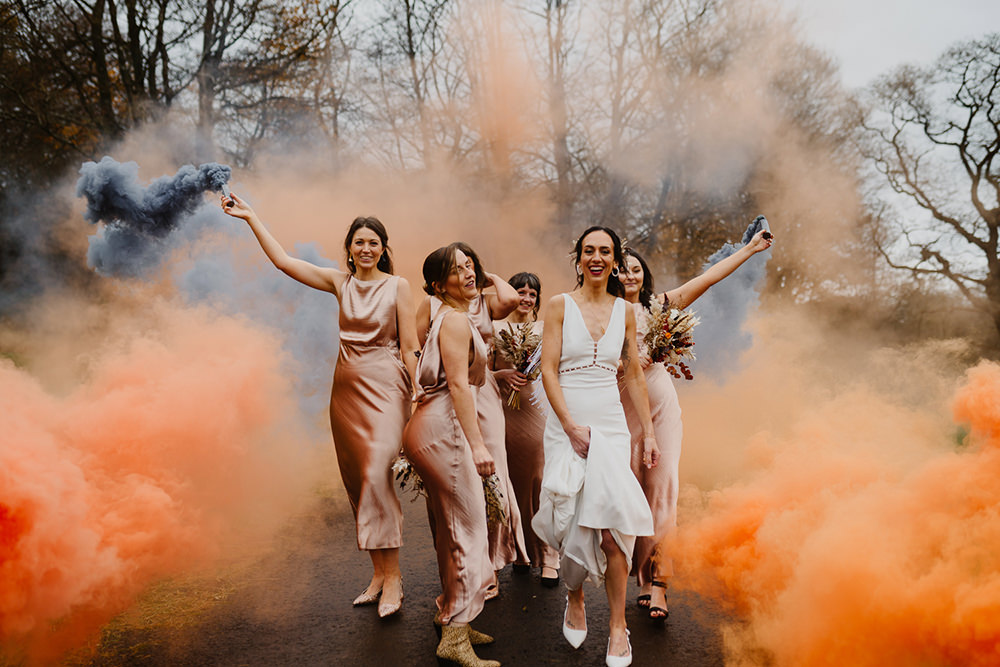 Blush Satin Bridesmaid Dresses Smoke Flares Cumbria Barn Wedding Maytree Photography