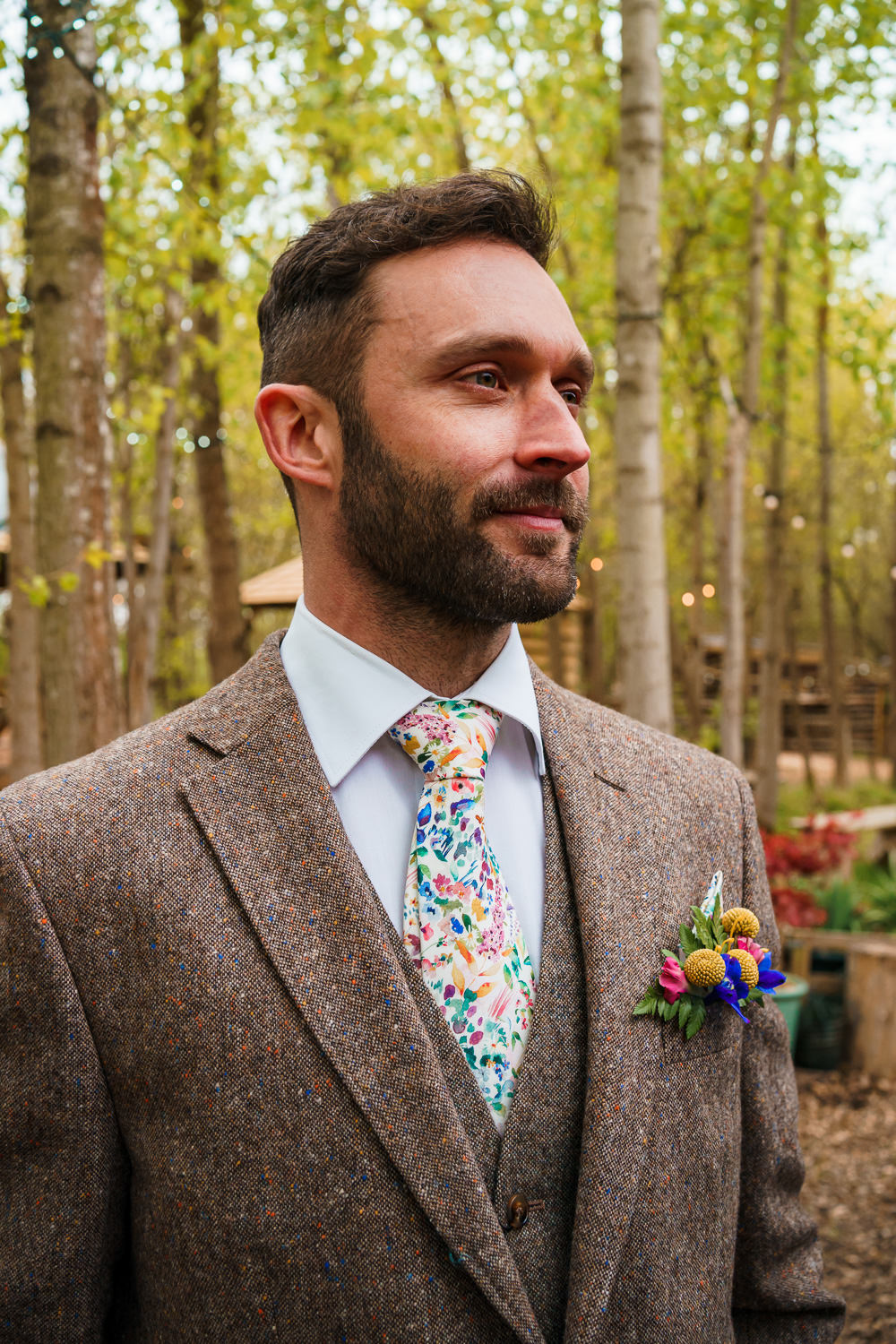 Groom Brown Tweed Suit Floral Tie Pocket Flowers Endeavour Woodland Weddings Brad Gommon Photography
