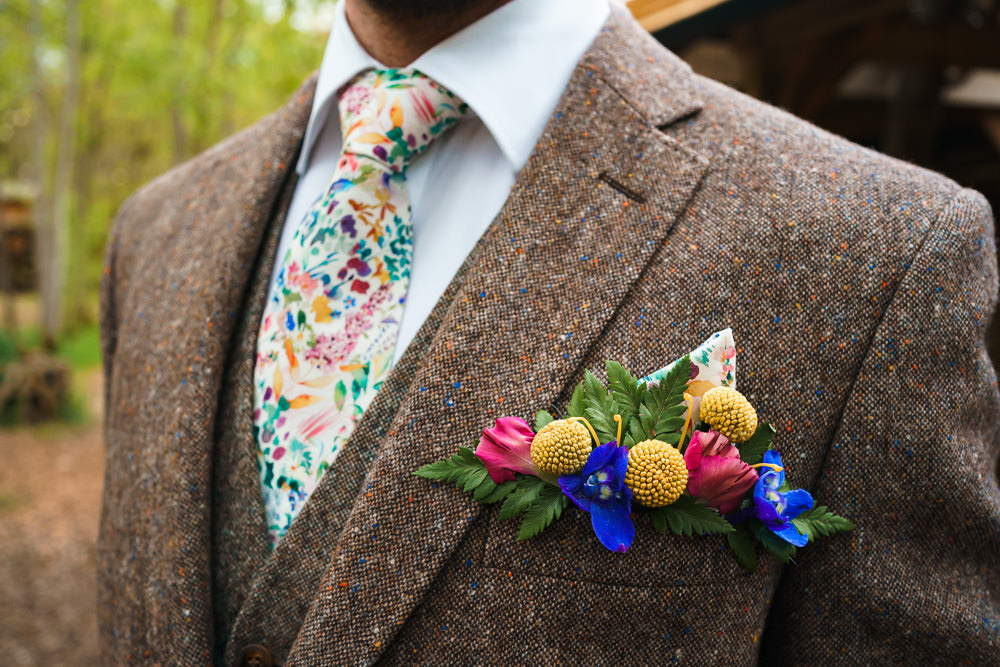 Groom Brown Tweed Suit Floral Tie Pocket Flowers Endeavour Woodland Weddings Brad Gommon Photography