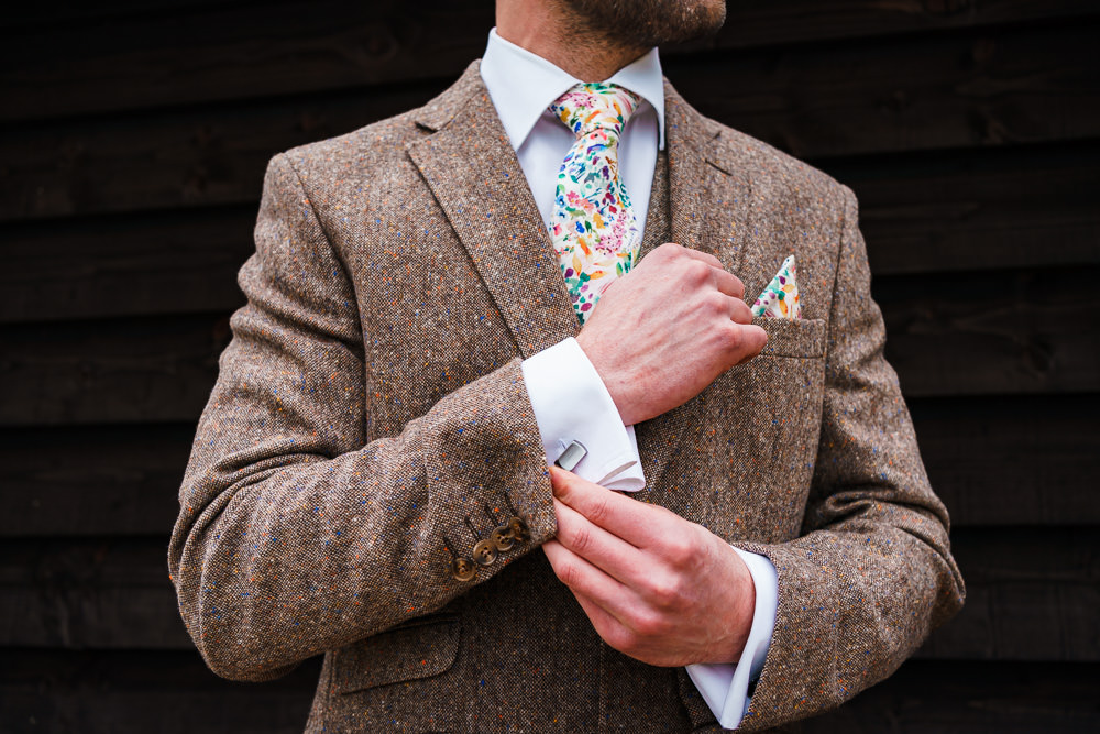Groom Brown Tweed Suit Floral Tie Endeavour Woodland Weddings Brad Gommon Photography