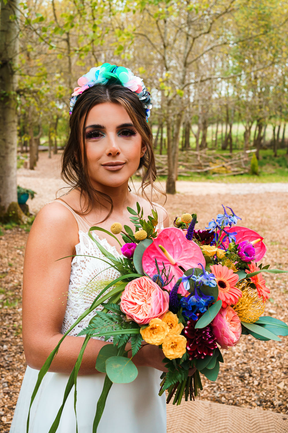 Bride Flowers Bridal Bouquet Colourful Gerbera Pincushion Anthurium Craspedia Rose Fern Endeavour Woodland Weddings Brad Gommon Photography