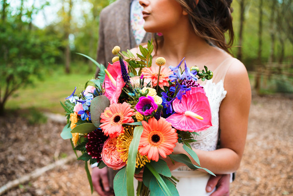 Bride Flowers Bridal Bouquet Colourful Gerbera Pincushion Anthurium Craspedia Rose Fern Endeavour Woodland Weddings Brad Gommon Photography
