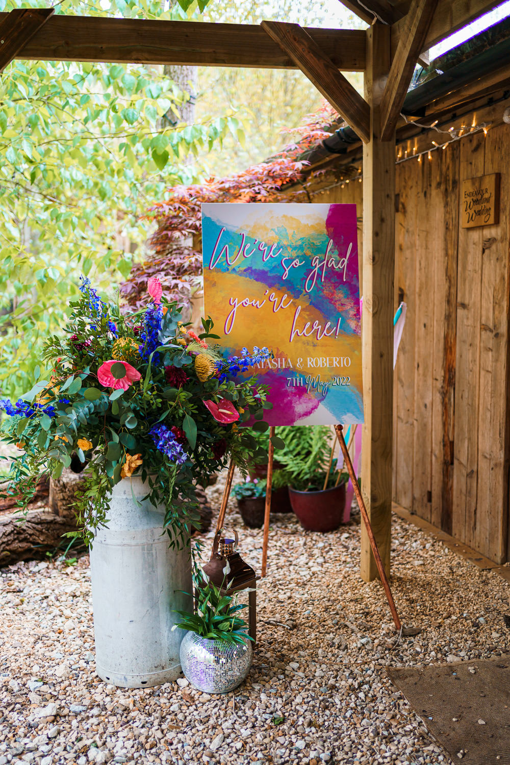 Colourful Startionery Sign Milk Churn Flowers Watercolour Endeavour Woodland Weddings Brad Gommon Photography