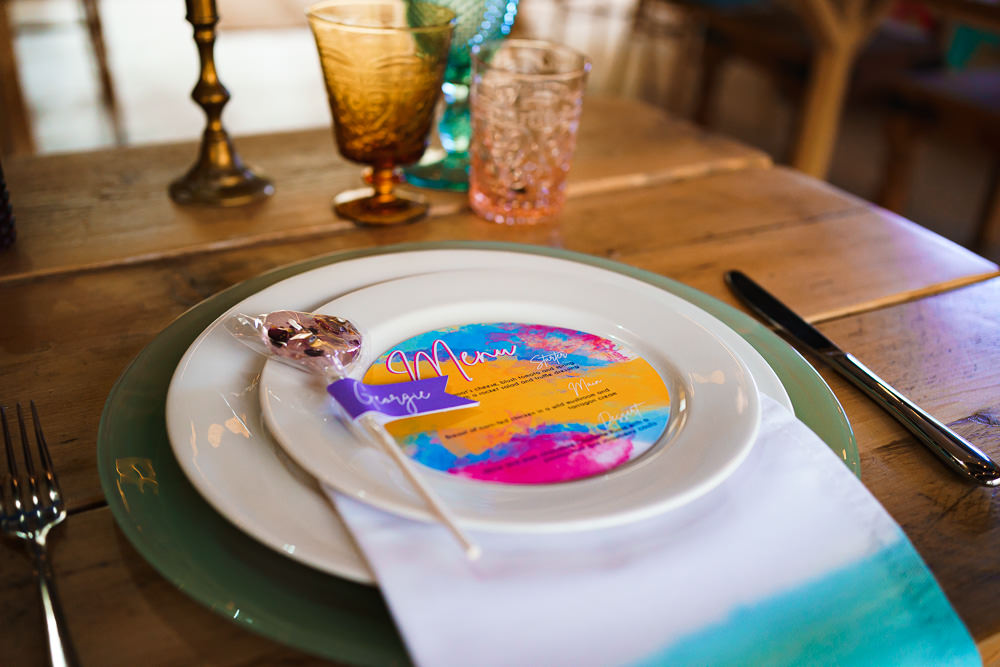 Colourful Startionery Menu Place Setting Lolly Watercolour Endeavour Woodland Weddings Brad Gommon Photography