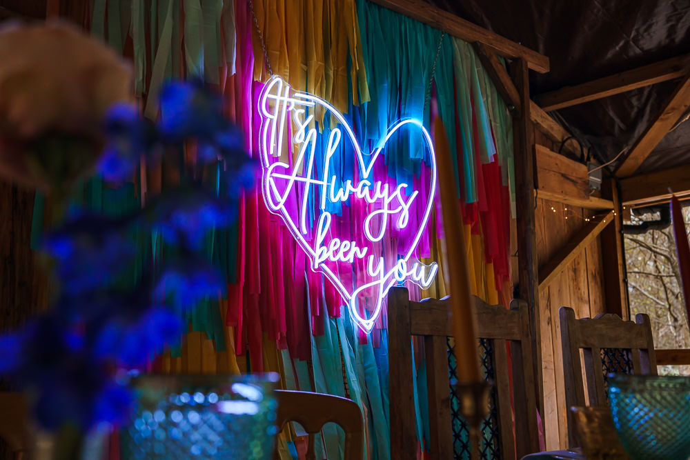 Barn Tables Streamer Backdrop Colourful Neon Sign Decor Endeavour Woodland Weddings Brad Gommon Photography