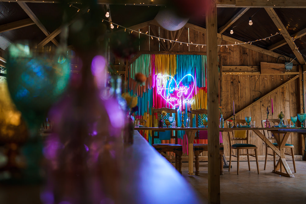 Barn Tables Streamer Backdrop Colourful Neon Sign Decor Endeavour Woodland Weddings Brad Gommon Photography