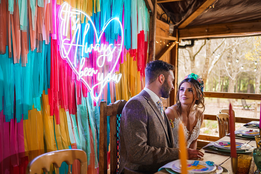 Barn Tables Streamer Backdrop Colourful Neon Sign Decor Endeavour Woodland Weddings Brad Gommon Photography