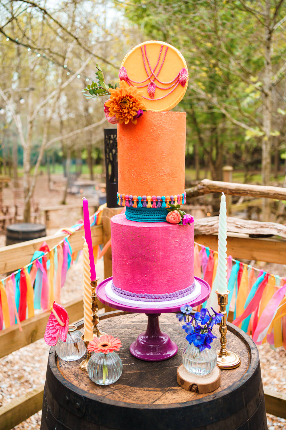 Colourful Orange Pink Cake Endeavour Woodland Weddings Brad Gommon Photography