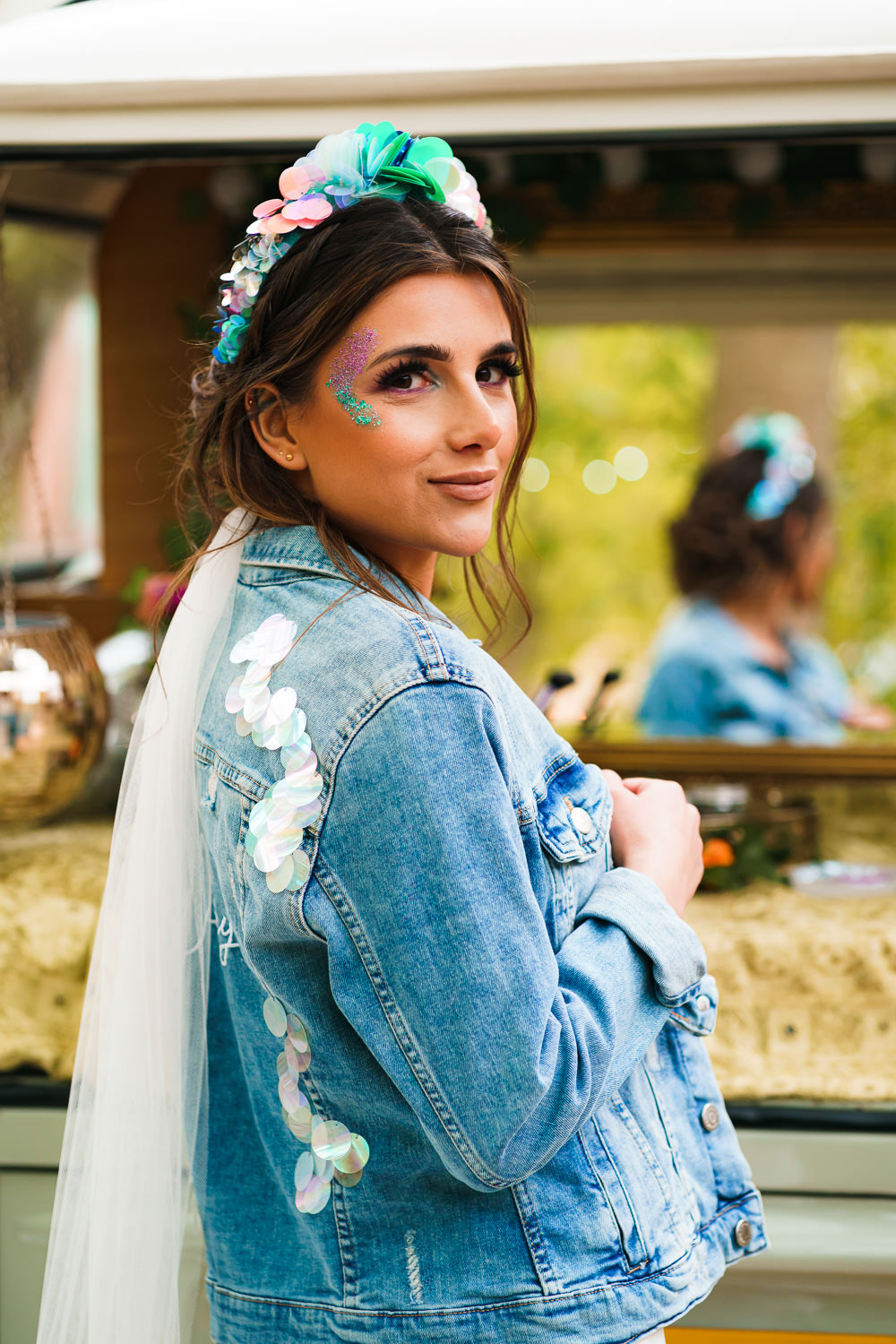 Bride Denim Jacket Veil Flower Crown Endeavour Woodland Weddings Brad Gommon Photography