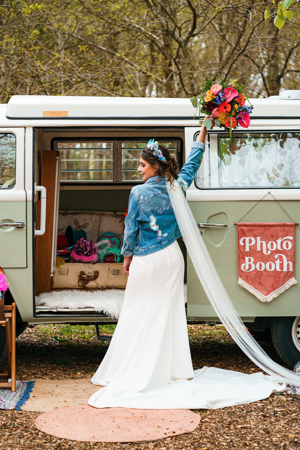 Bride Denim Jacket Veil Flower Crown Endeavour Woodland Weddings Brad Gommon Photography