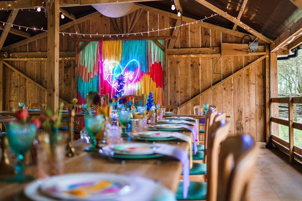 Barn Tables Streamer Backdrop Colourful Neon Sign Decor Endeavour Woodland Weddings Brad Gommon Photography