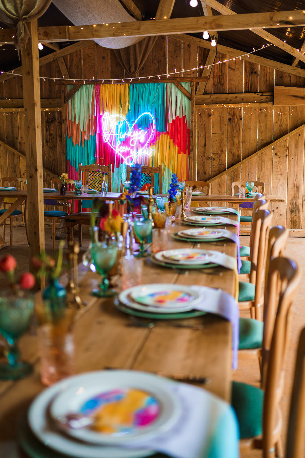 Barn Tables Streamer Backdrop Colourful Neon Sign Decor Endeavour Woodland Weddings Brad Gommon Photography