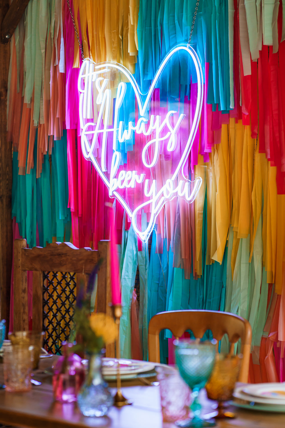 Barn Tables Streamer Backdrop Colourful Neon Sign Decor Endeavour Woodland Weddings Brad Gommon Photography