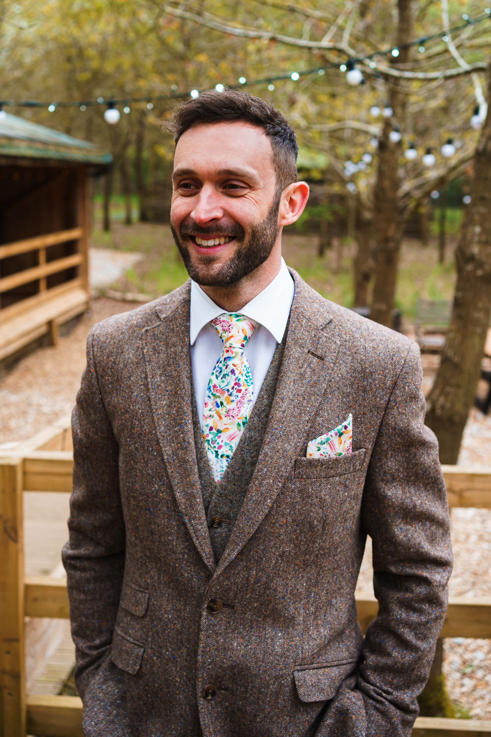 Groom Brown Tweed Suit Floral Tie Endeavour Woodland Weddings Brad Gommon Photography