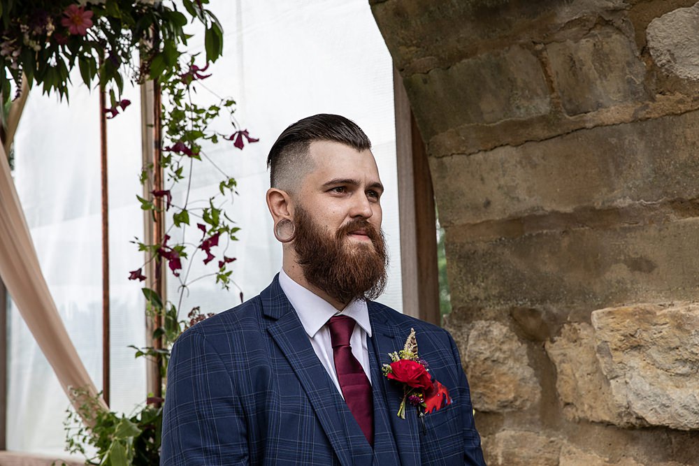 Suit Navy Red Tie Groom Flaxbourne Gardens Wedding Lorna Newman Weddings