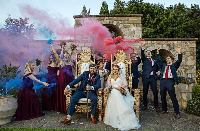 Flaxbourne Gardens Wedding Lorna Newman Weddings Smoke Flares Thrones Bride Groom