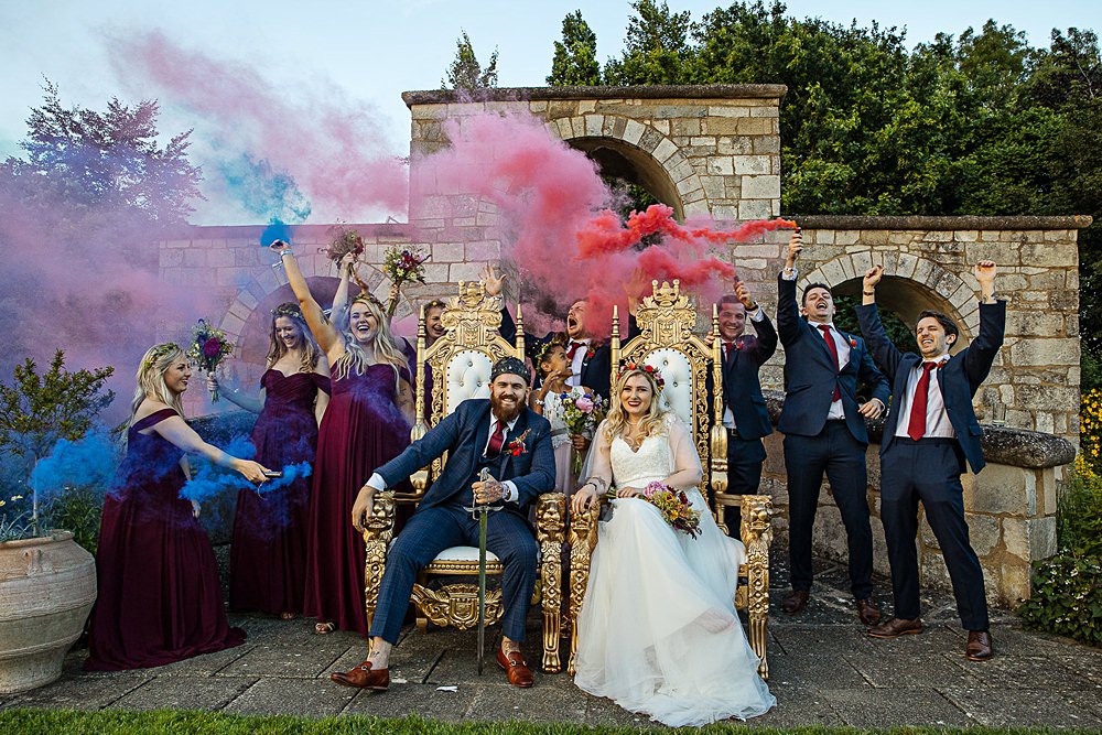 Flaxbourne Gardens Wedding Lorna Newman Weddings Smoke Flares Thrones Bride Groom