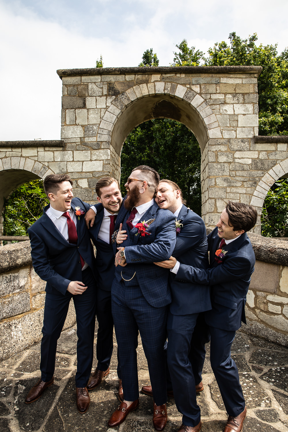 Groomsmen Suit Navy Red Tie Groom Flaxbourne Gardens Wedding Lorna Newman Weddings