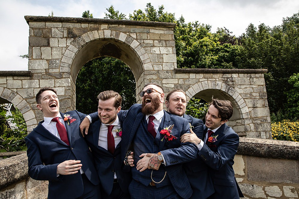 Groomsmen Suit Navy Red Tie Groom Flaxbourne Gardens Wedding Lorna Newman Weddings