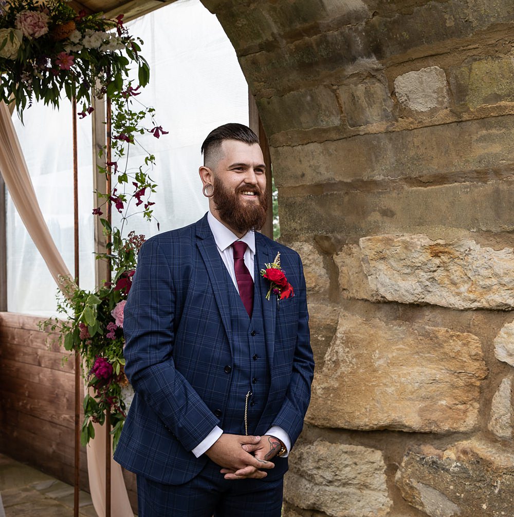 Suit Navy Red Tie Groom Flaxbourne Gardens Wedding Lorna Newman Weddings