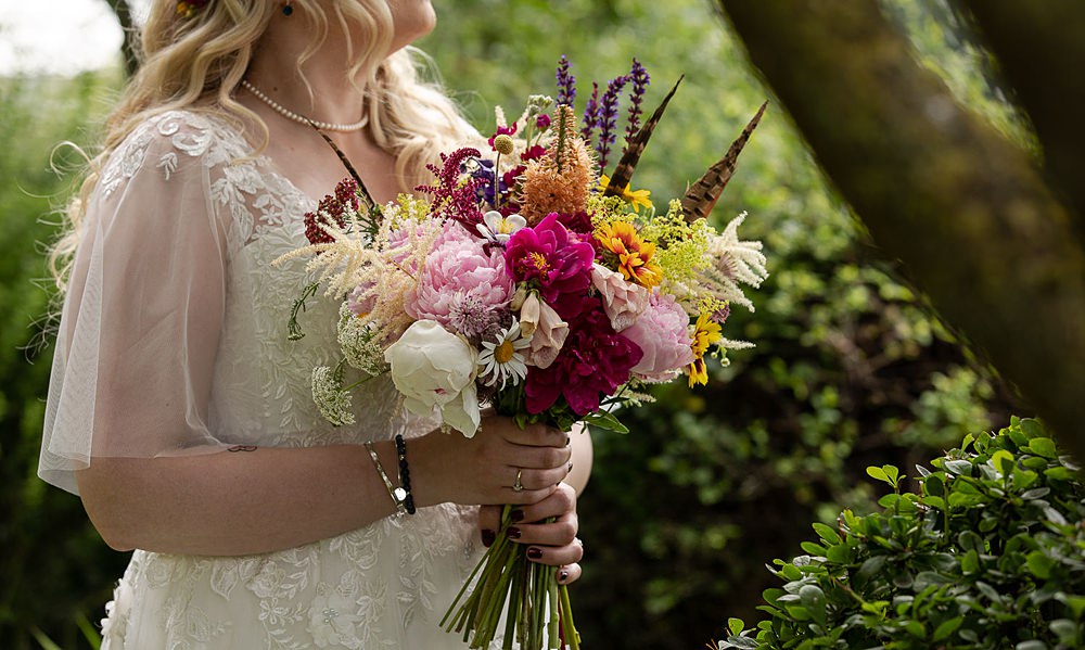 Bridal Bouquet Flowers Peony Daisy Foxglove Astilbe Feather Salvia Flaxbourne Gardens Wedding Lorna Newman Weddings