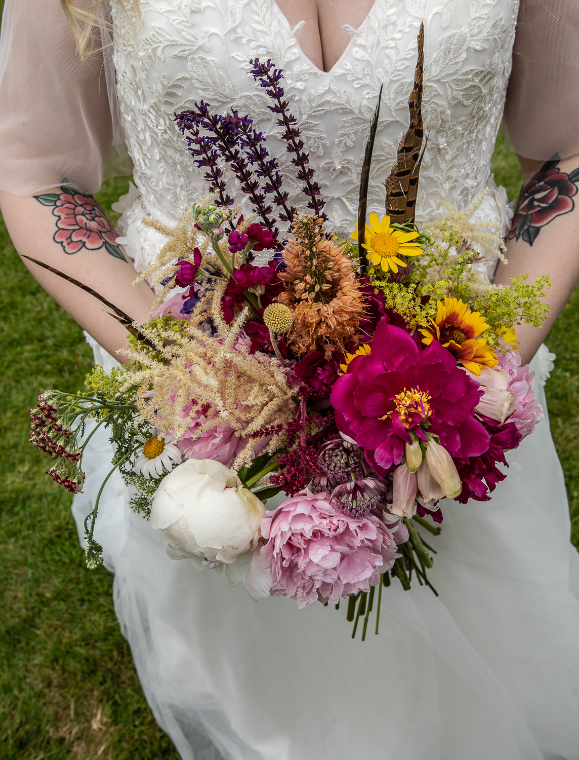 Bridal Bouquet Flowers Peony Daisy Foxglove Astilbe Feather Salvia Flaxbourne Gardens Wedding Lorna Newman Weddings