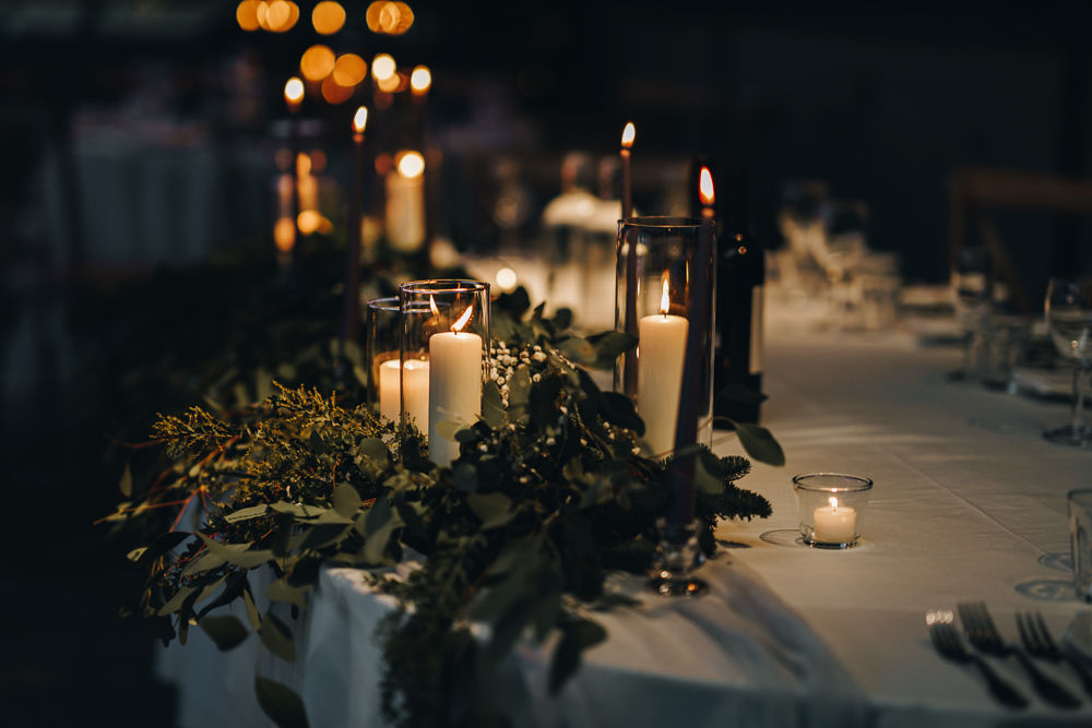 Fairy Lights Candles Decor Greenery Tables Gloucestershire Barn Wedding Winnington & Coe