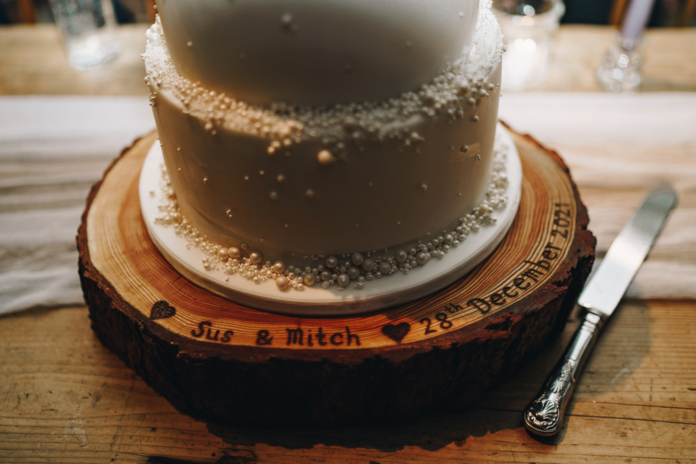 Log Slice Cake Stand Custom Gloucestershire Barn Wedding Winnington & Coe