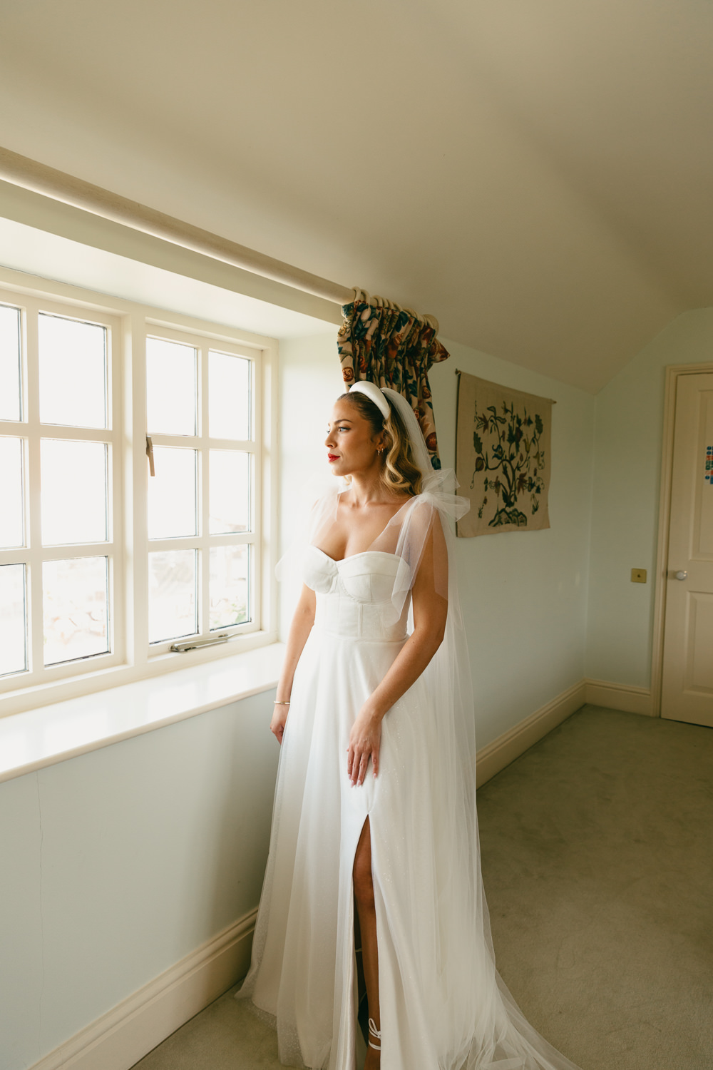 Dress Gown Bride Bridal Skirt Split Tulle Bow Straps Heath Farm Wedding Alexandra Wallace Photography