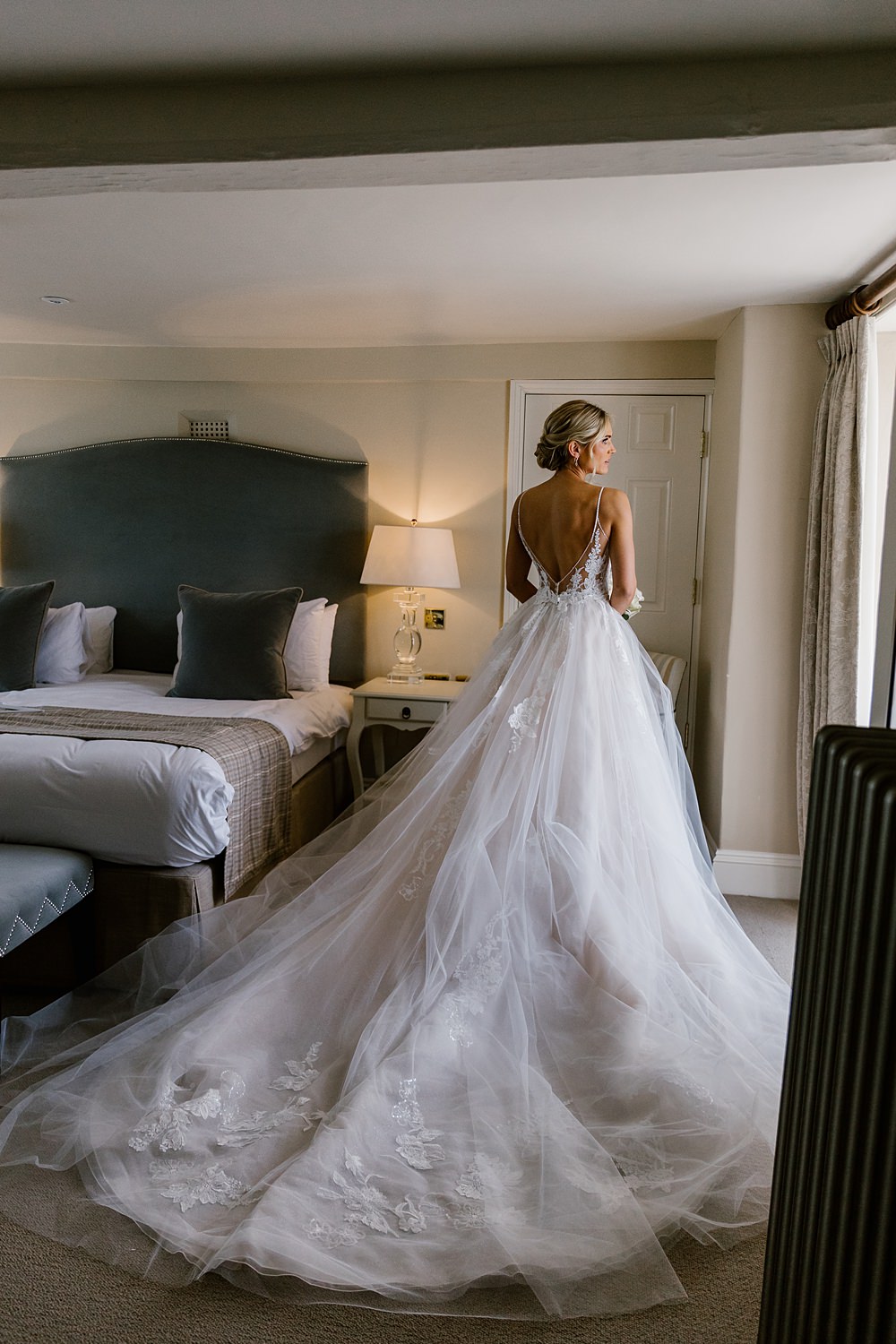 Dress Gown Bride Bridal Lace Tulle Long Train Enzoani Holkham Hall Wedding Katherine Ashdown Photography
