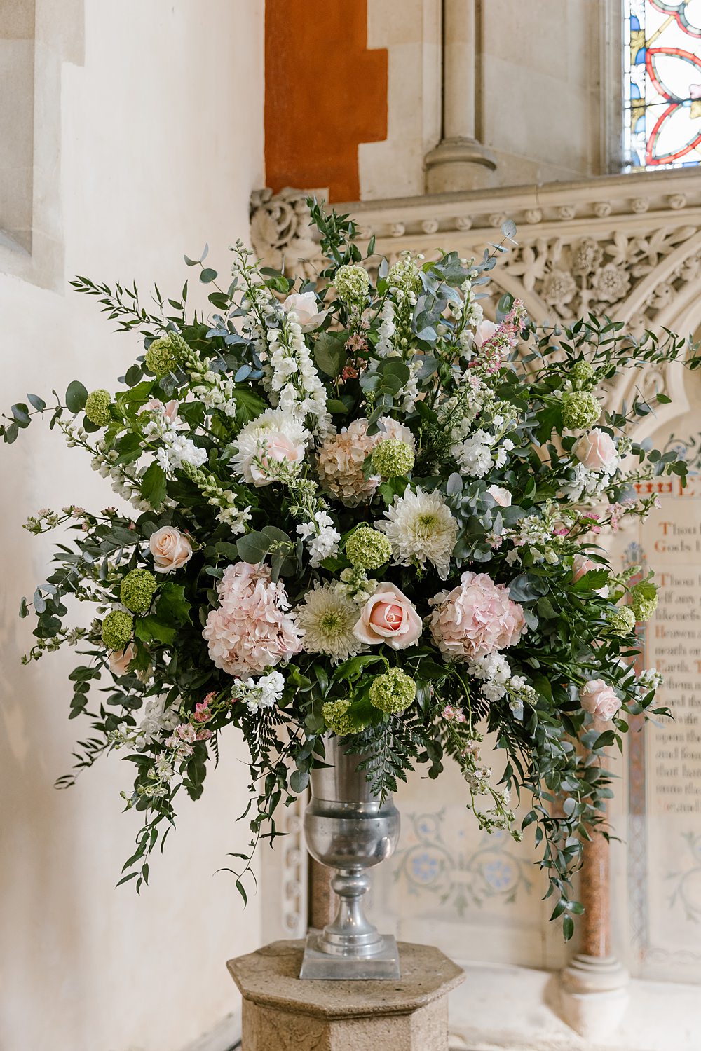 Church Flowers Greenery Pink Holkham Hall Wedding Katherine Ashdown Photography