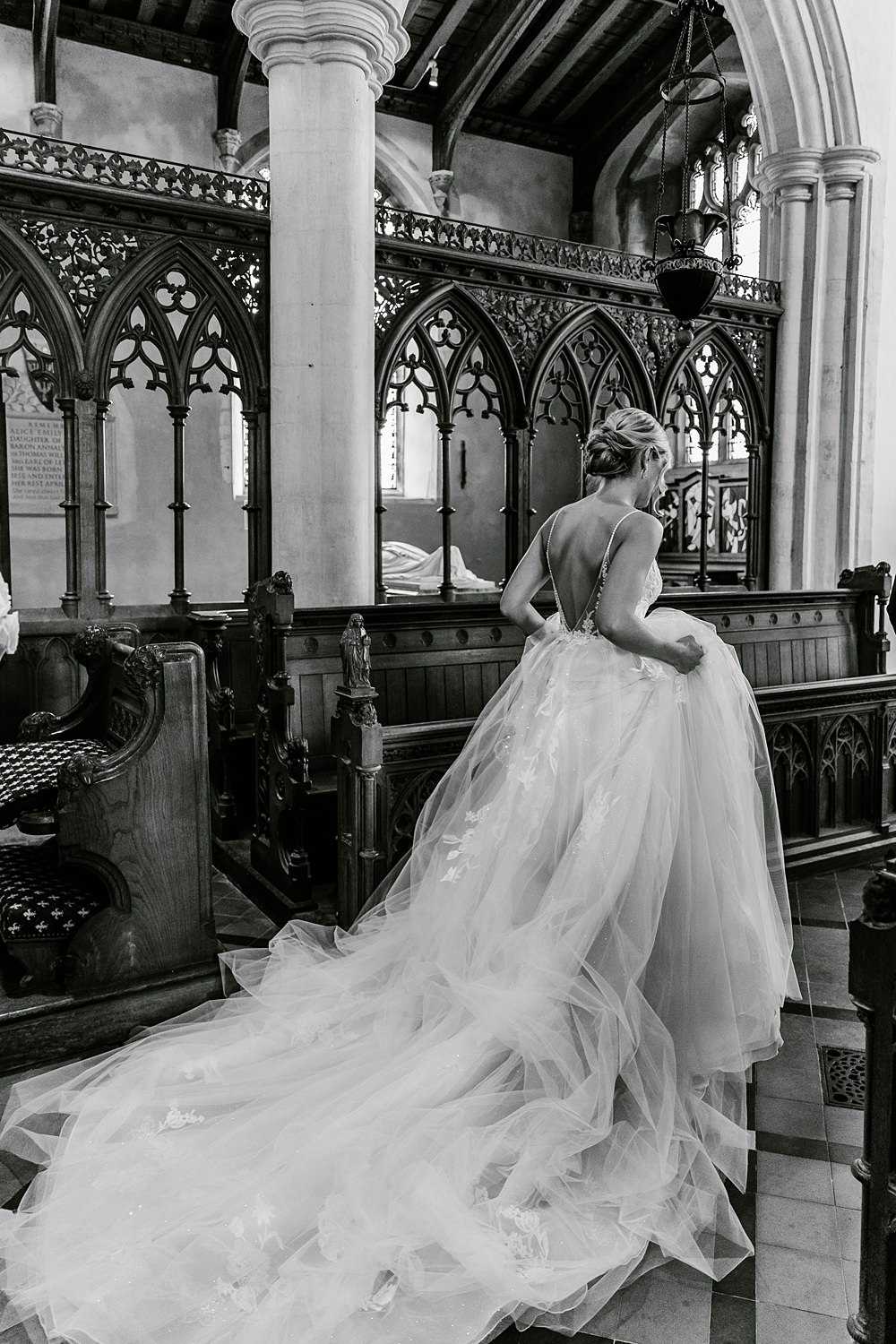 Dress Gown Bride Bridal Lace Tulle Long Train Enzoani Holkham Hall Wedding Katherine Ashdown Photography