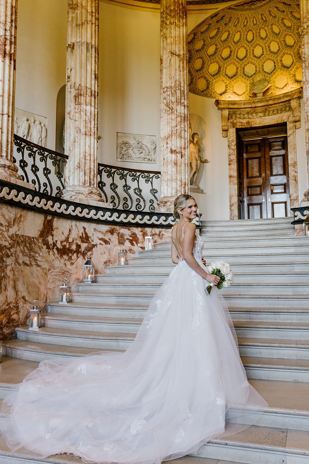 Dress Gown Bride Bridal Lace Tulle Long Train Enzoani Holkham Hall Wedding Katherine Ashdown Photography