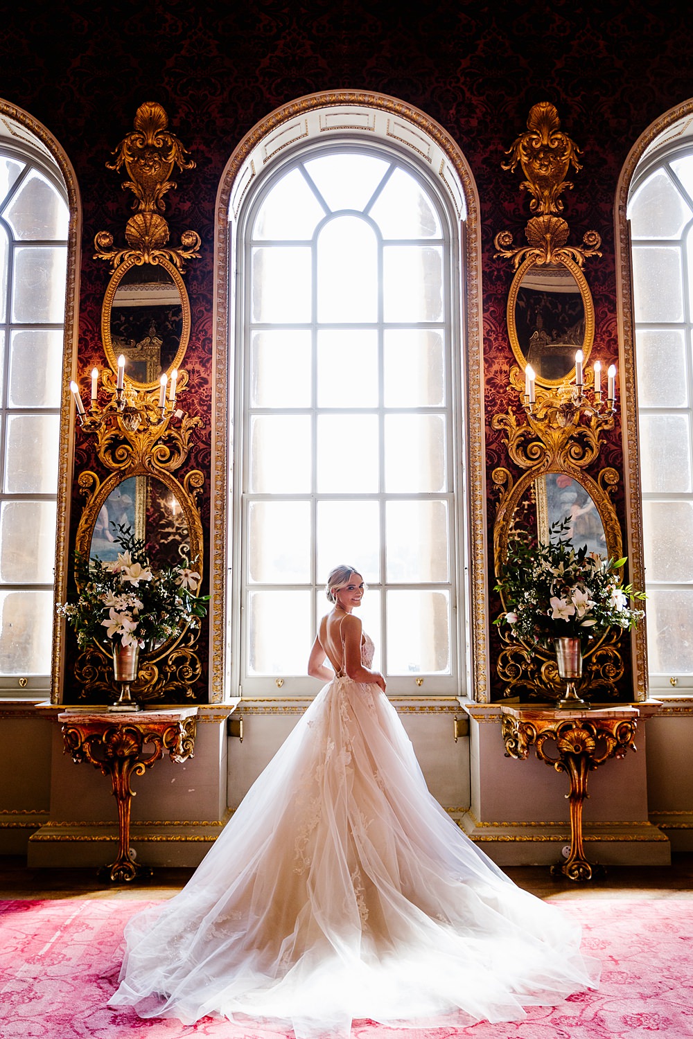 Dress Gown Bride Bridal Lace Tulle Long Train Enzoani Holkham Hall Wedding Katherine Ashdown Photography