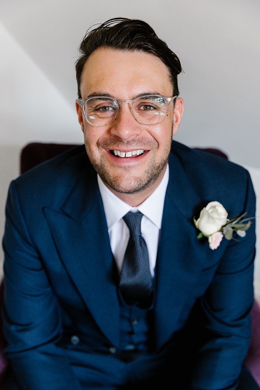 Groom Suit Navy Glasses Holkham Hall Wedding Katherine Ashdown Photography
