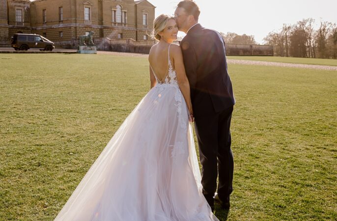 Dress Gown Bride Bridal Lace Tulle Long Train Enzoani Holkham Hall Wedding Katherine Ashdown Photography